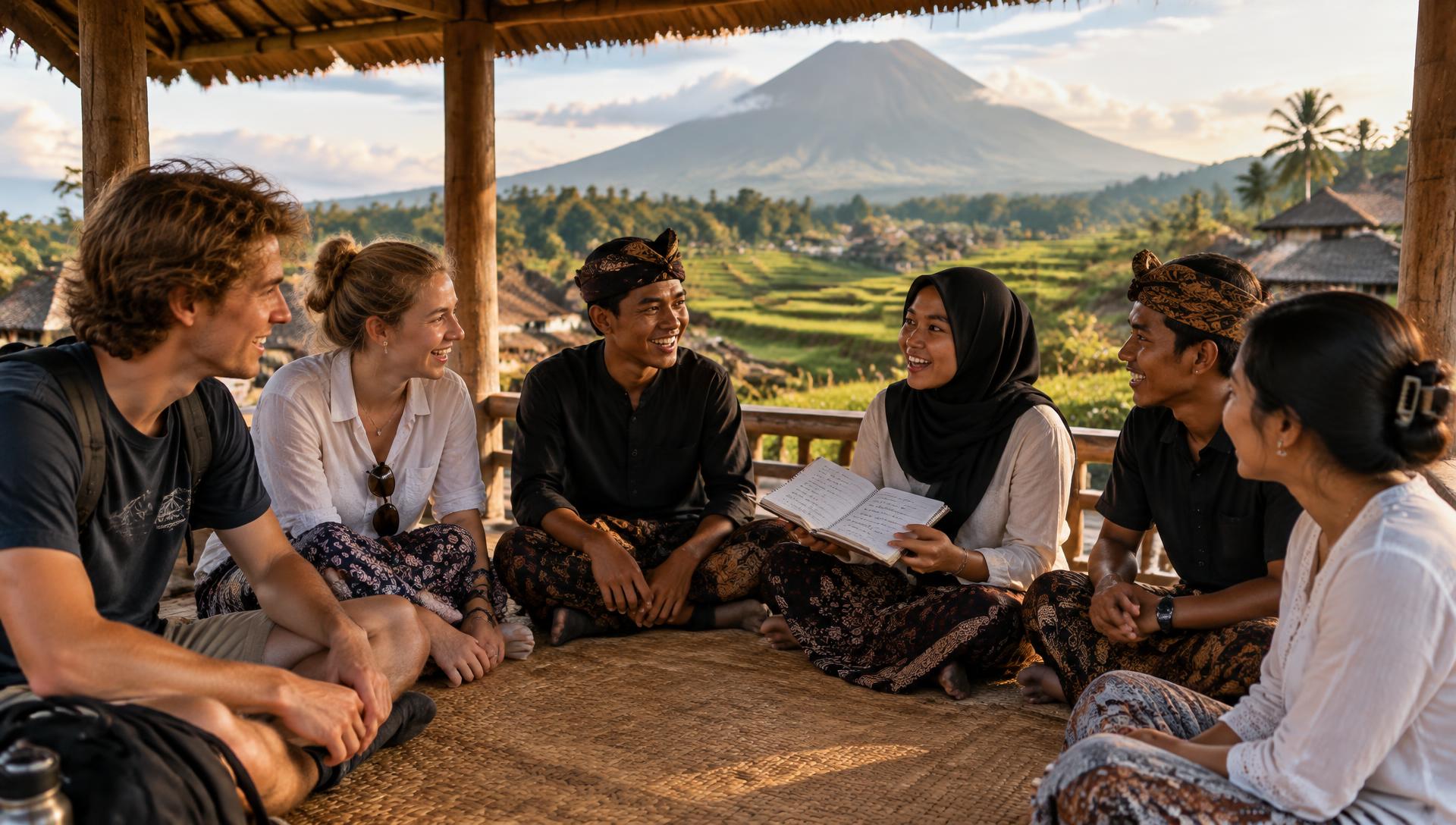 Australian and Sasak students talking together in a village pavilion in Lombok